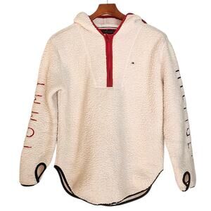 Tommy Hilfiger Ivory White Sherpa Fleece Quarter Zip Classicore Preppy Hoodie